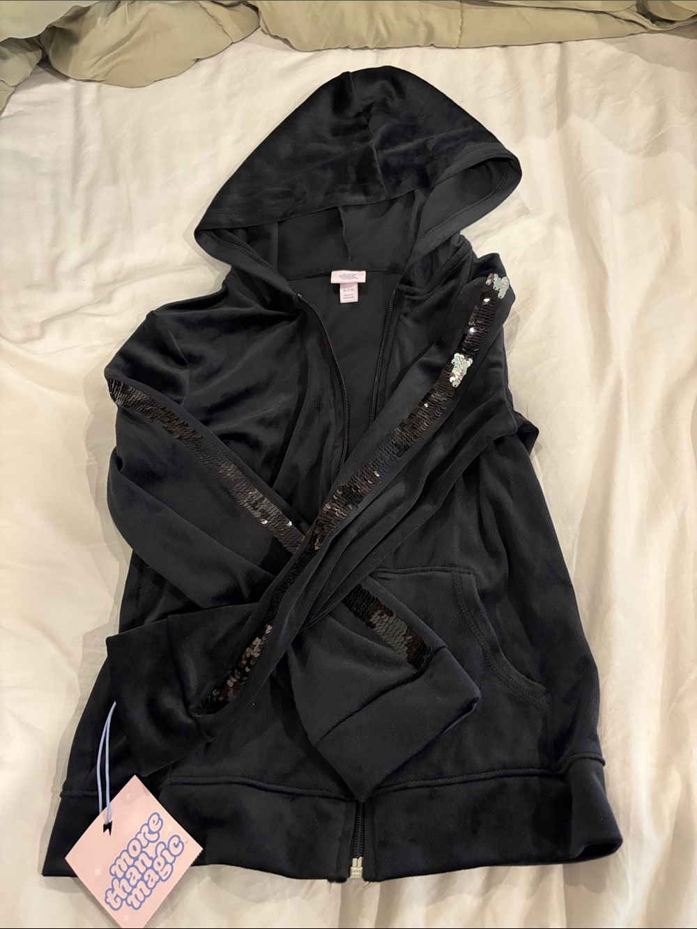 More Than Magic Black Sequin-Trim Hooded Zip Jacket